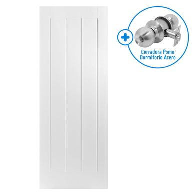 Puerta interior Premoldeada Blanca Cairo 65cm + Cerradura Pomo Dormitorio Acero 