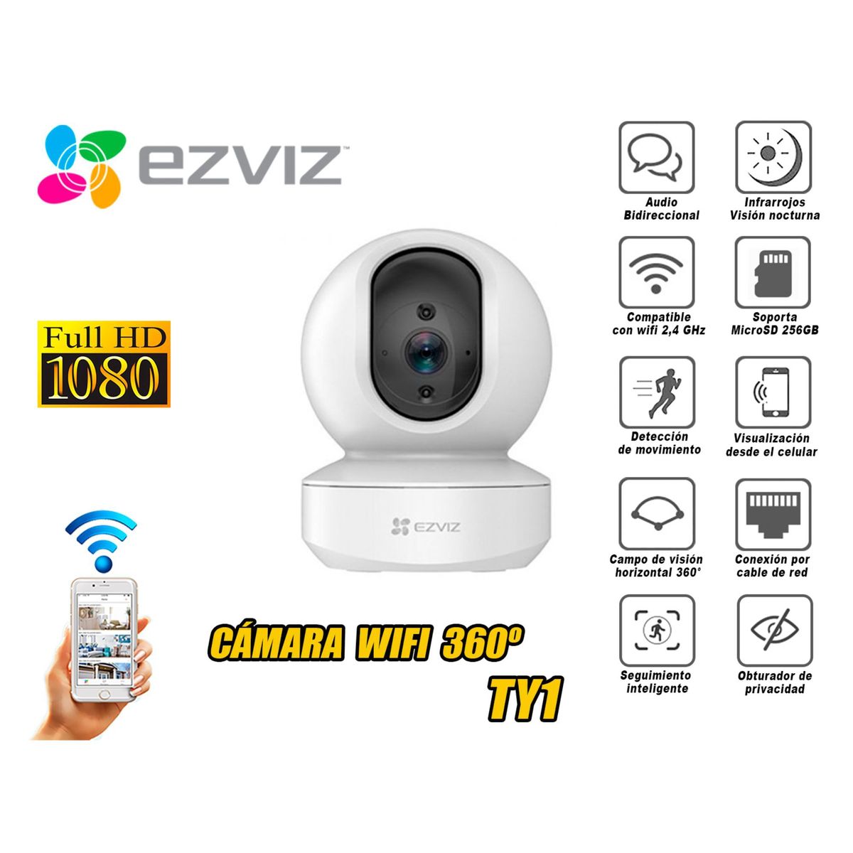 EZVIZ - Cámara Seguridad Wifi Inalámbrica 360° Ty1 Full Hd 1080P