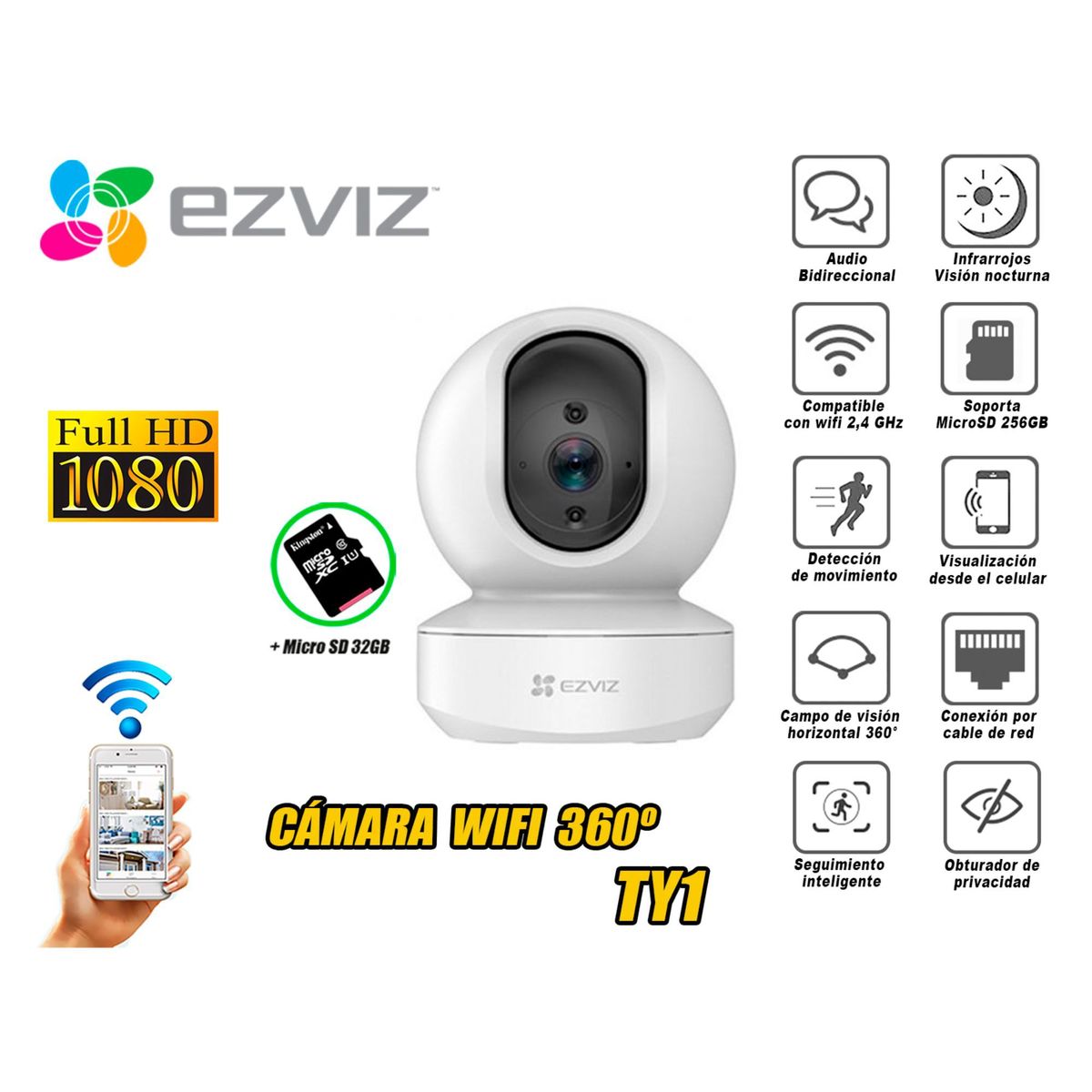 EZVIZ - Cámara de Seguridad Wifi 360° TY1 Full HD micro SD 32GB