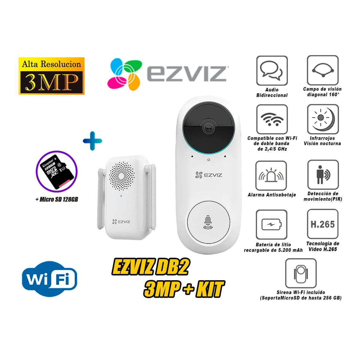 EZVIZ - Kit Videoportero DB2 Inalámbrico Timbre WiFi Micro SD 128GB 3MP