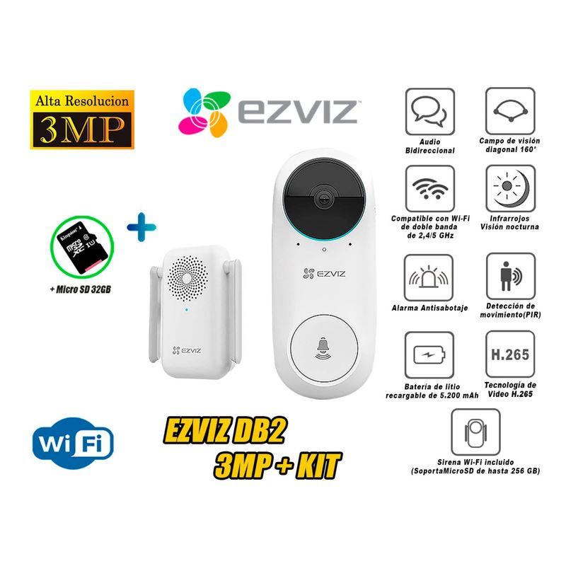 EZVIZ - Kit Videoportero DB2 Inalámbrico Timbre WiFi Micro SD 32GB 3MP
