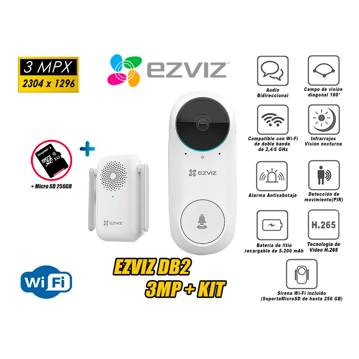 EZVIZ - Kit Videoportero DB2 Inalámbrico Timbre WiFi Micro SD 256GB 3MP
