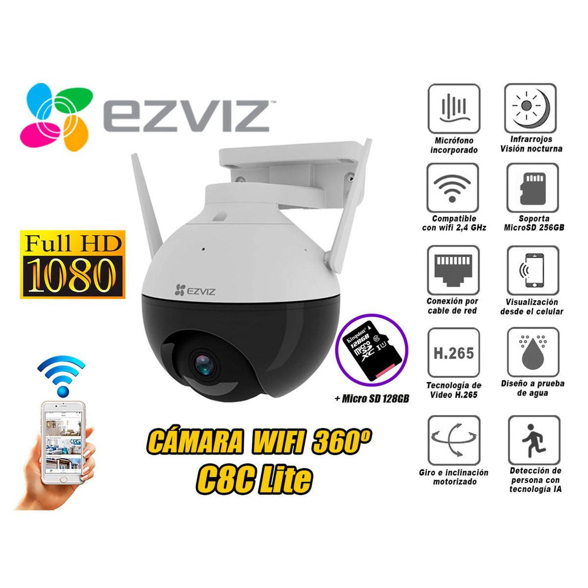 EZVIZ - Cámara Seguridad Inalambrico Wifi EZVIZ Full Hd C8C Micro SD 128GB