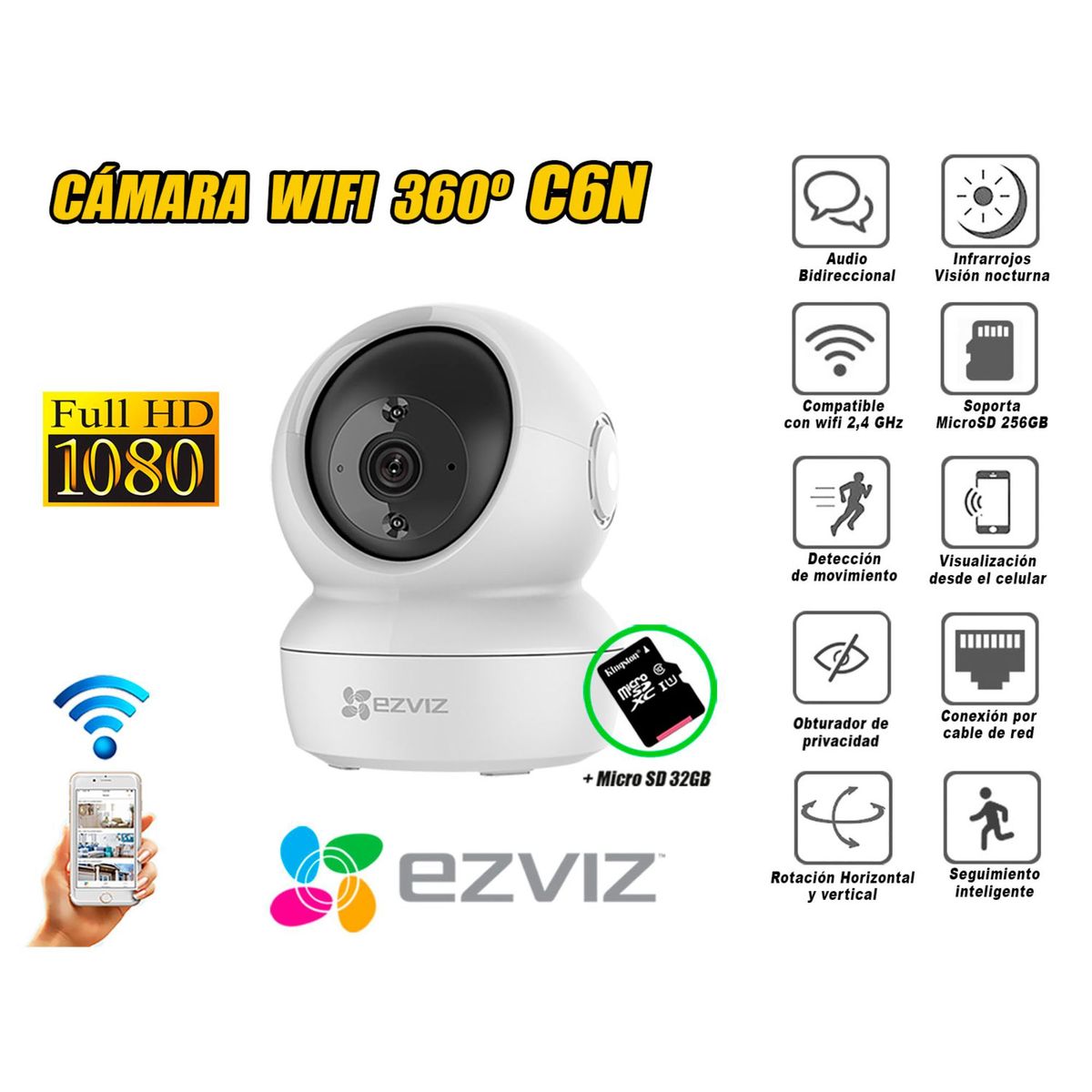 Ezviz - Ezviz Cámara Wifi Inalámbrica Full Hd Gira 360 C6N micro SD 32GB