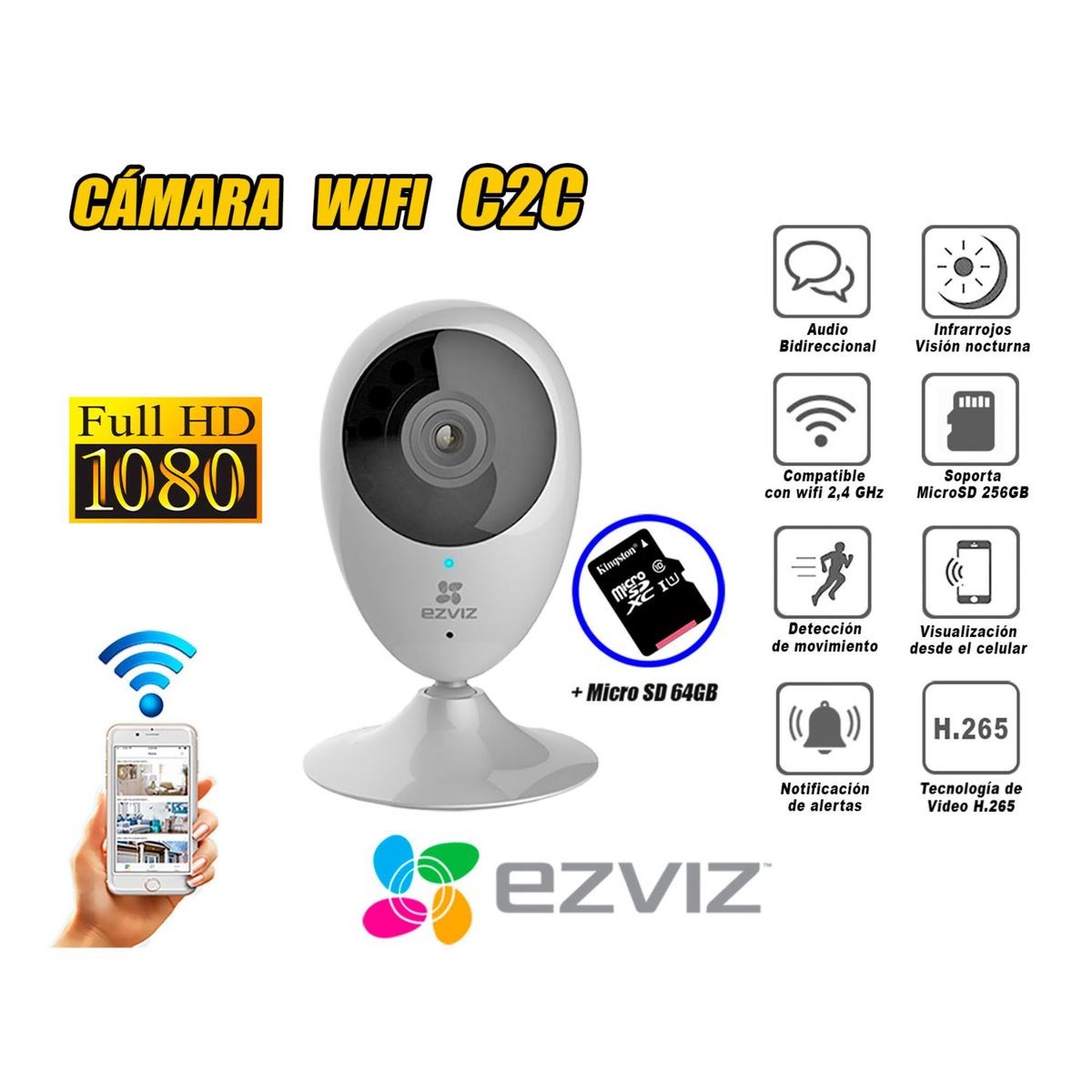 EZVIZ - Cámara Seguridad Inalambrico Wifi EZVIZ Full Hd C2C micro SD 64GB