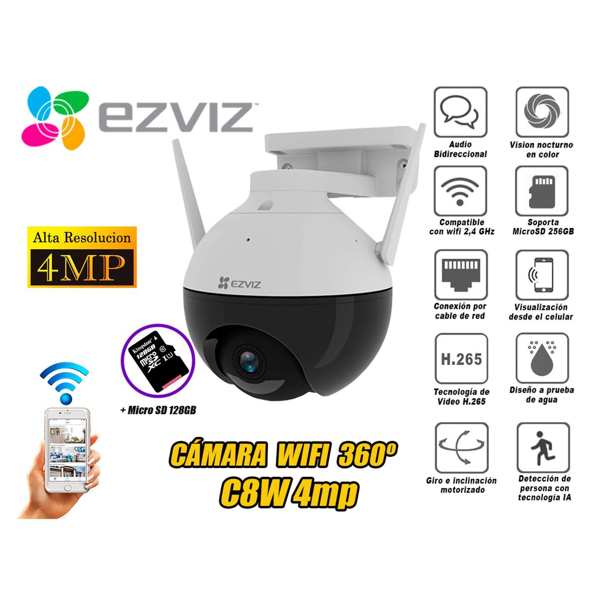 EZVIZ - Ezviz cámara seguridad WIFI exterior C8C 4MP Noche color micro SD 128GB