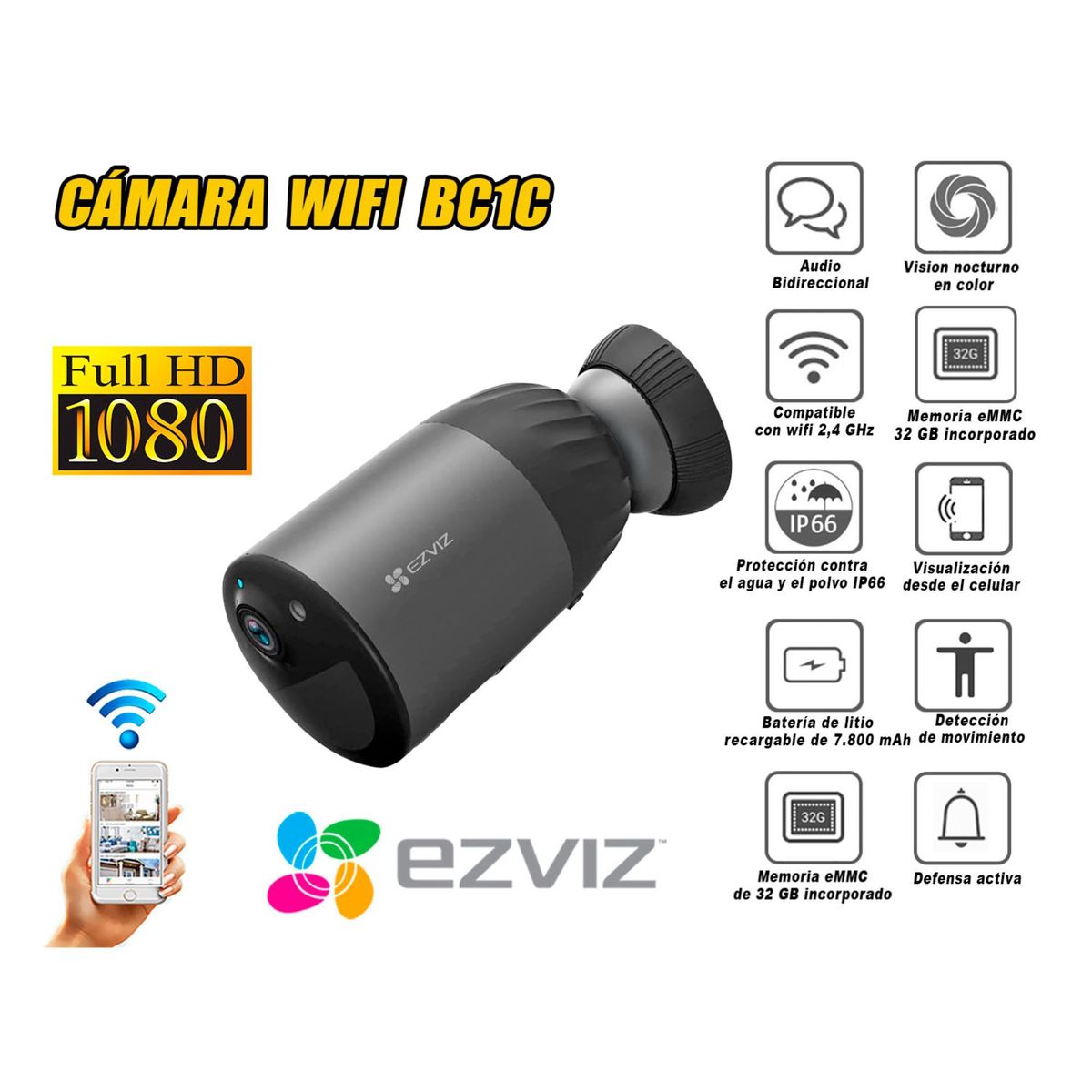 EZVIZ - Cámara Seguridad EZVIZ Wifi INALAMBRICO BC1C batería noche color