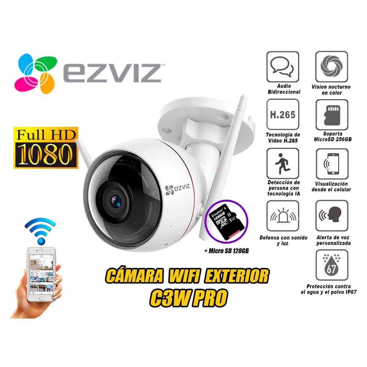 cámara seguridad Audio Ezviz wifi exterior C3W PRO 1080P micro SD 128GB, marca Ezviz - Foto Principal
