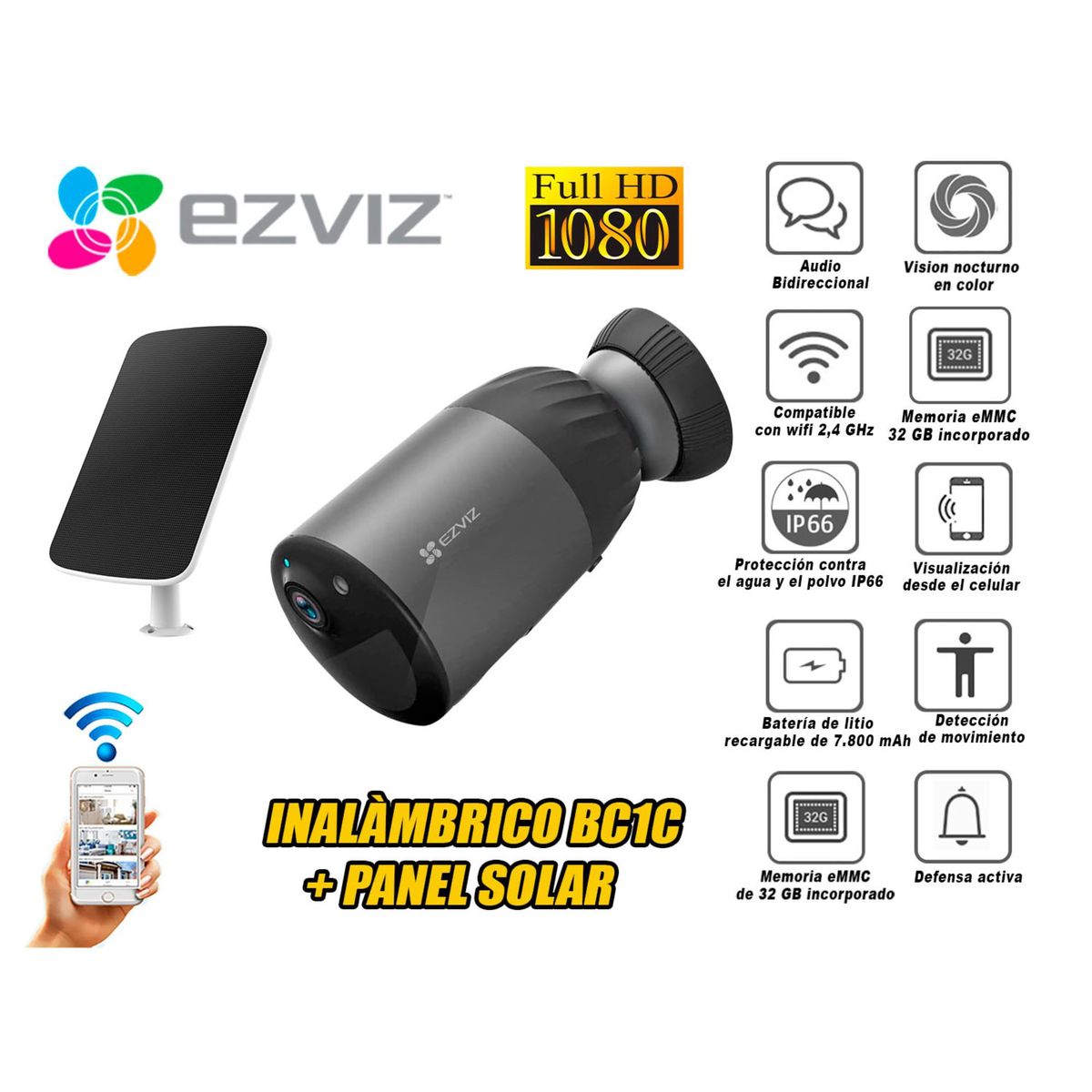 EZVIZ - Cámara Seguridad EZVIZ Wifi INALAMBRICO BC1C Panel noche color