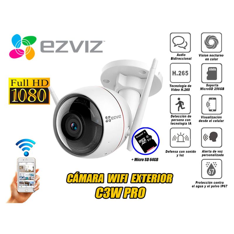 EZVIZ - cámara seguridad Audio Ezviz wifi exterior C3W PRO 1080P Micro SD 64GB
