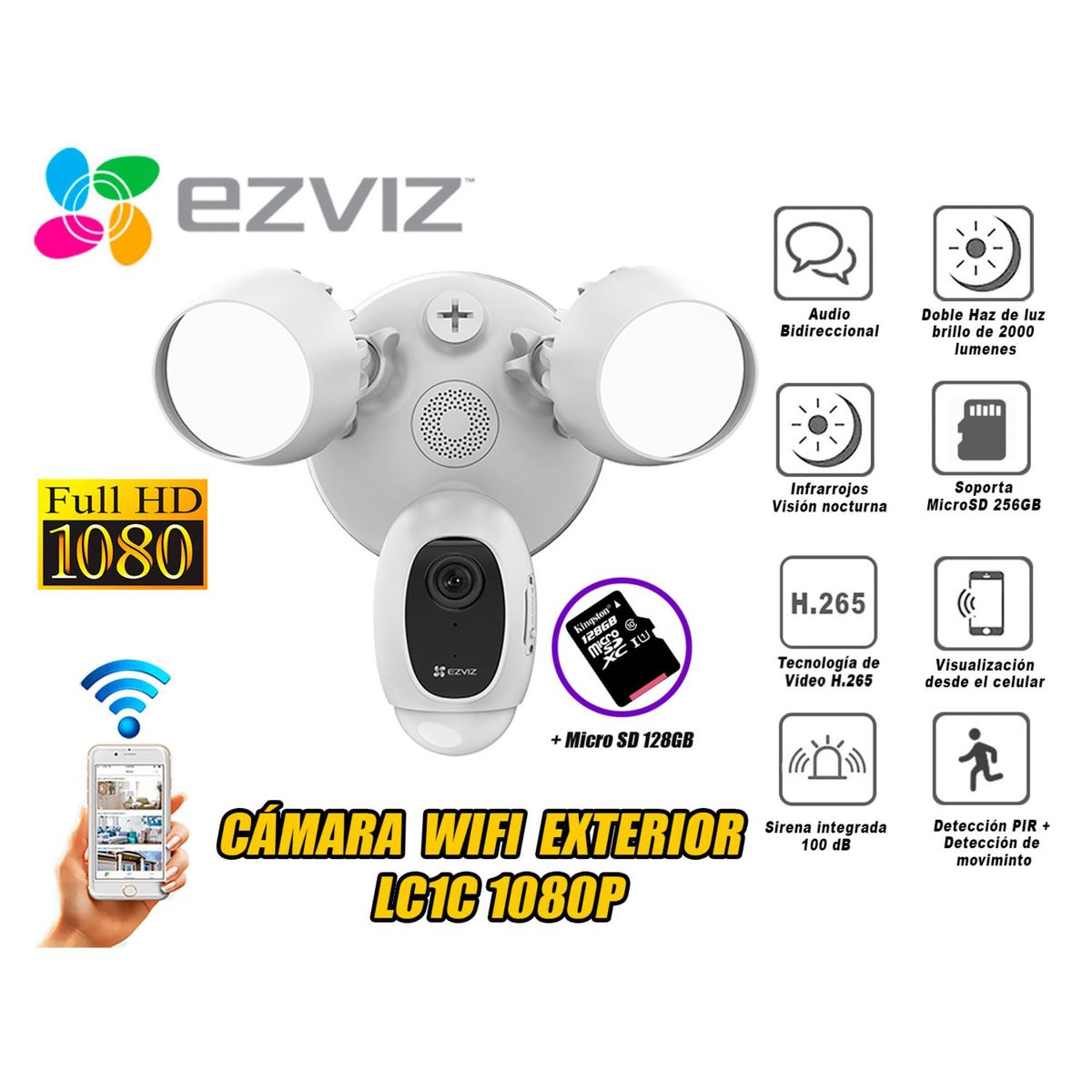 EZVIZ - Ezviz Cámara Seguridad Inteligente Luz LC1C Full Hd micro SD 128GB