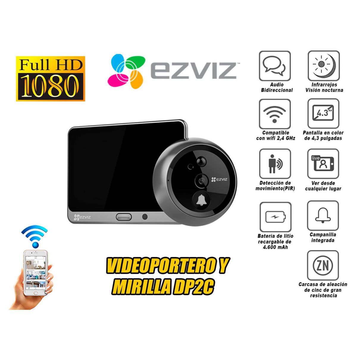 EZVIZ - Ezviz Pulsador timbre mirilla inalámbrico Wifi DP2C PIR