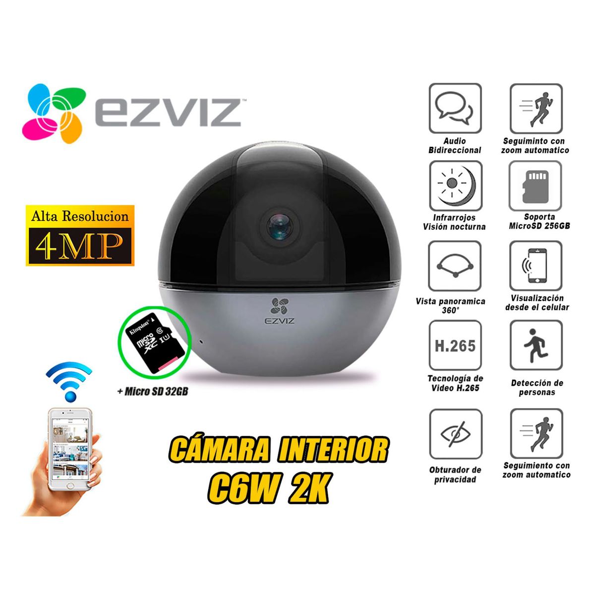 EZVIZ - Ezviz Cámara Seguridad Audio Inalambrico Wifi C6W 4Mp 2K Micro SD 32GB