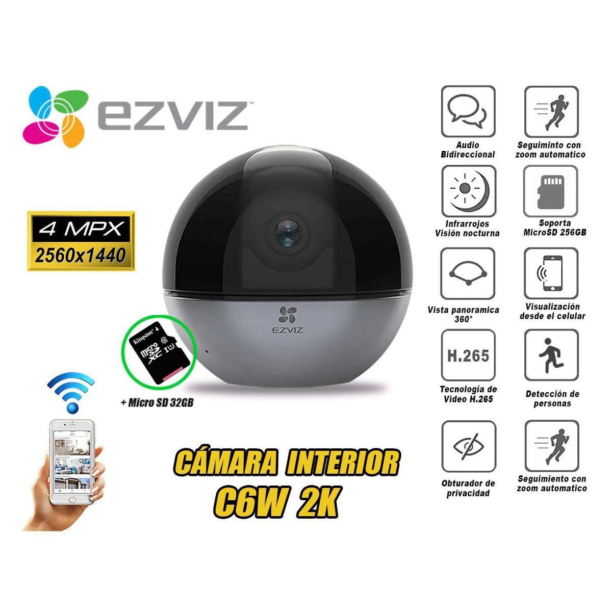 EZVIZ - Ezviz Cámara Seguridad Audio Inalambrico Wifi C6W 4Mp 2K Micro SD 32GB