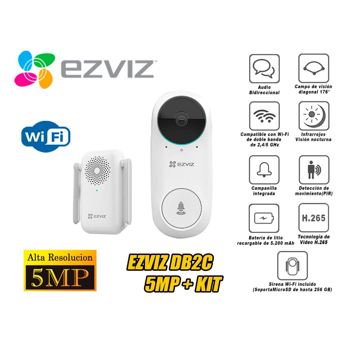 EZVIZ - Ezviz Kit Videoportero DB2C 5MP inalámbrico Timbre wifi inteligente