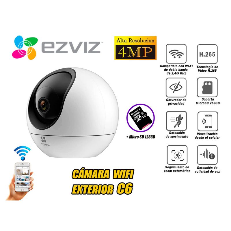 EZVIZ - Ezviz cámara seguridad WIFI exterior C6 4MP Noche color micro SD 128GB