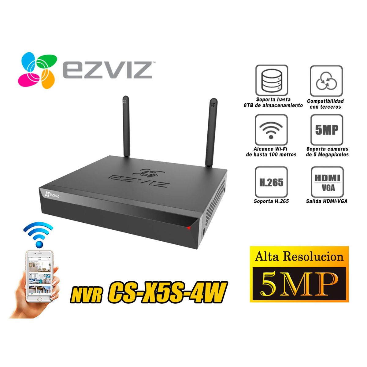 EZVIZ - EZVIZ NVR 4CH Grabador Video WIFI DOBLE ANTENA 5MP Onvif