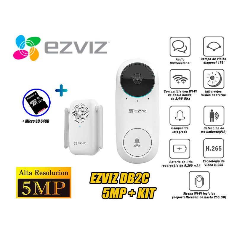 EZVIZ - Ezviz Kit Videoportero DB2C 5MP inalámbrico timbre wifi Micro SD 64GB