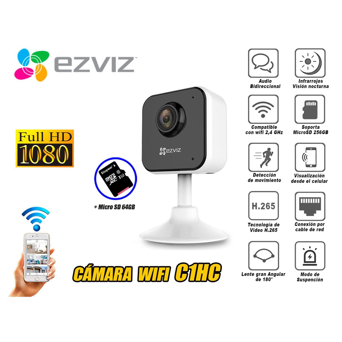 EZVIZ - Cámara Seguridad Inalambrico Wifi EZVIZ Full Hd C1HC micro SD 64GB