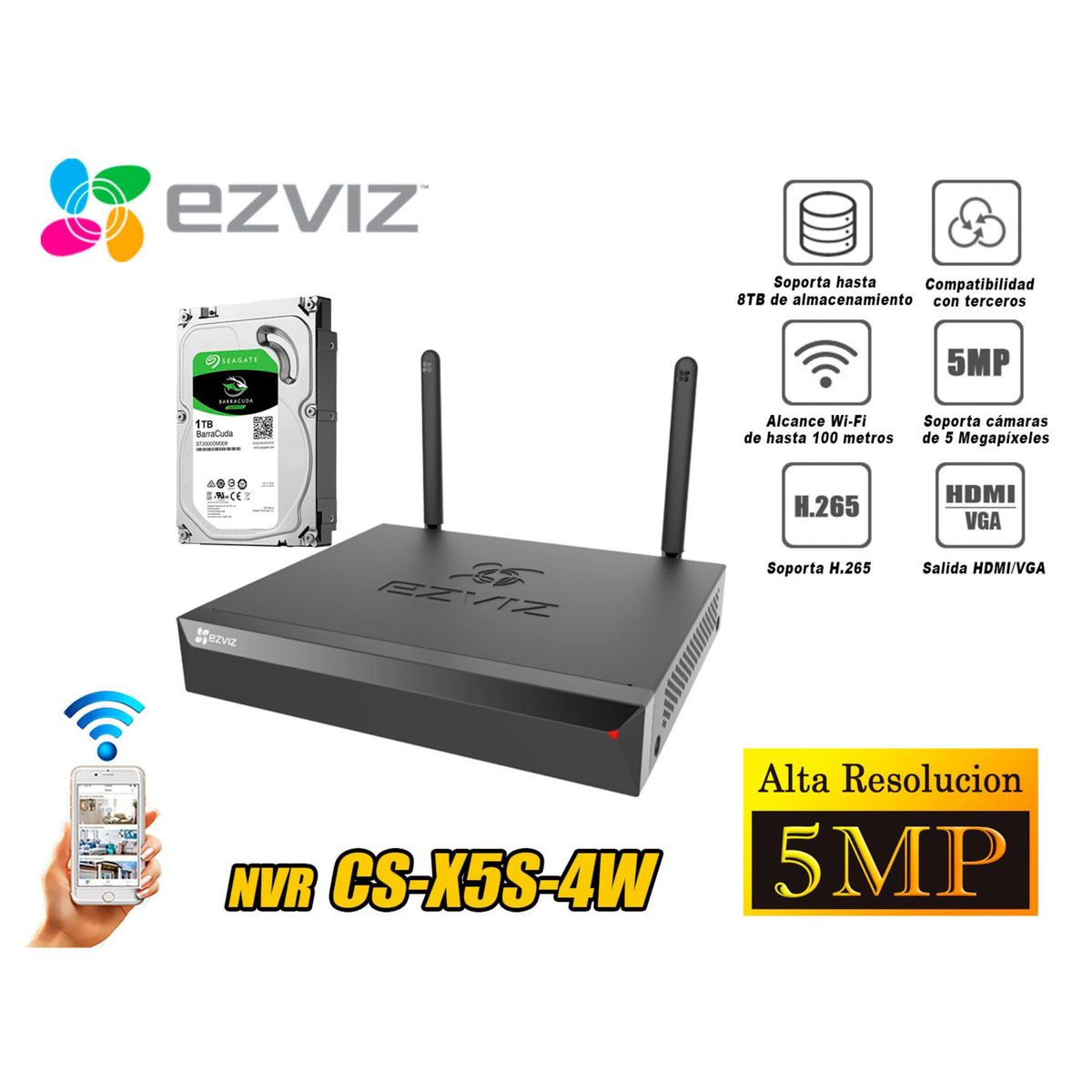 EZVIZ - EZVIZ NVR 4CH Grabador Video WIFI DOBLE ANTENA 5MP DISCO DURO1TB