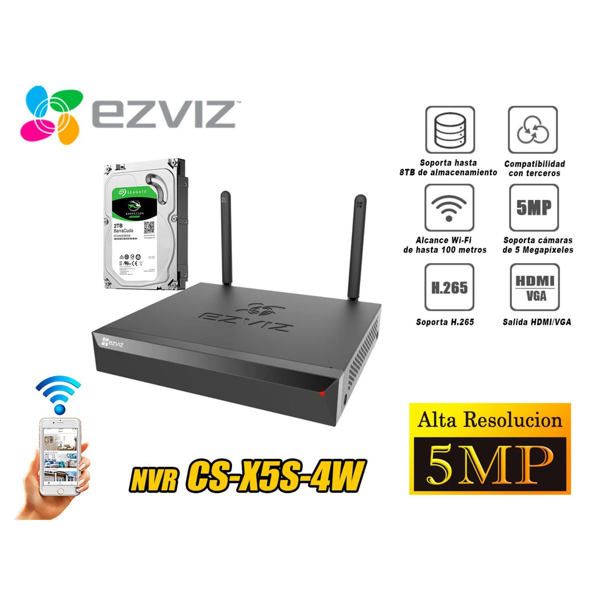 EZVIZ - EZVIZ NVR 4CH Grabador Video WIFI DOBLE ANTENA 5MP DISCO DURO 2TB