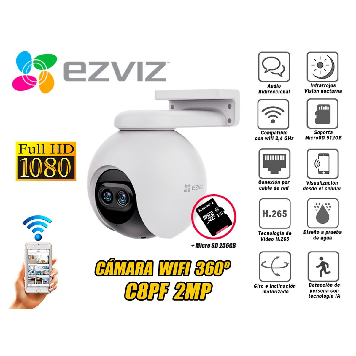 EZVIZ - Cámara seguridad EZVIZ lente Inteligente C8PF 2MP Micro SD 256GB