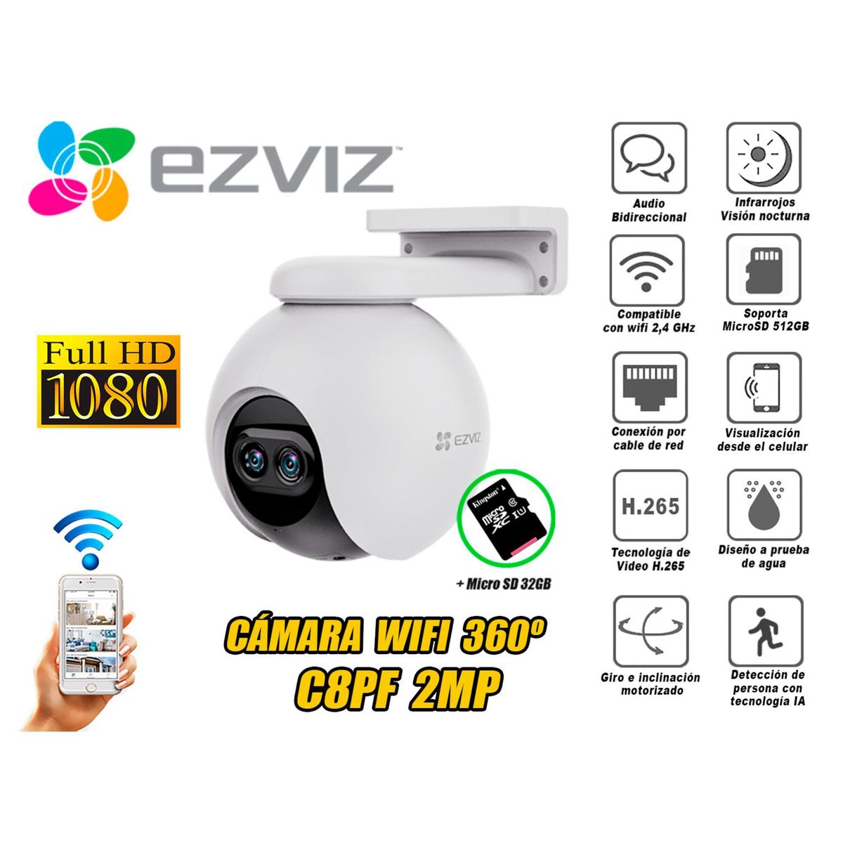 EZVIZ - Cámara seguridad EZVIZ lente Inteligente C8PF 2MP Micro SD 32GB