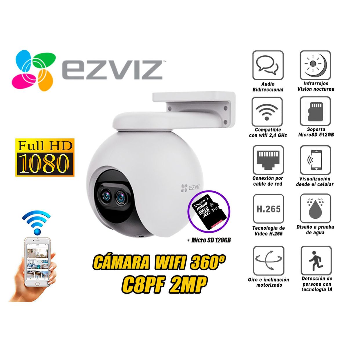 EZVIZ - Cámara seguridad EZVIZ lente Inteligente C8PF 2MP Micro SD 128GB