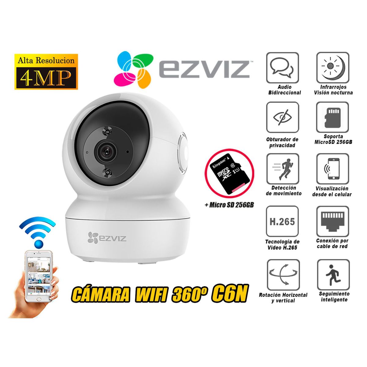 EZVIZ - Ezviz Cámara Wifi Inalámbrica 4MP Giratoria 360 C6N micro SD 256GB