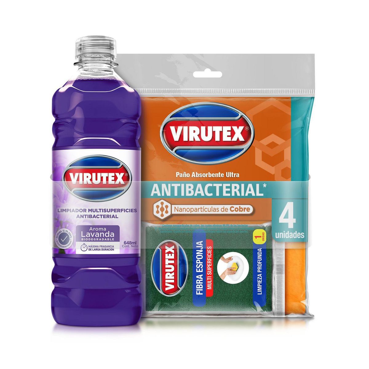 VIRUTEX - Pack Limpieza Superficies (Antibacterial Lavanda 648Ml +4 Paños Absorbente+ 1 Esponja)