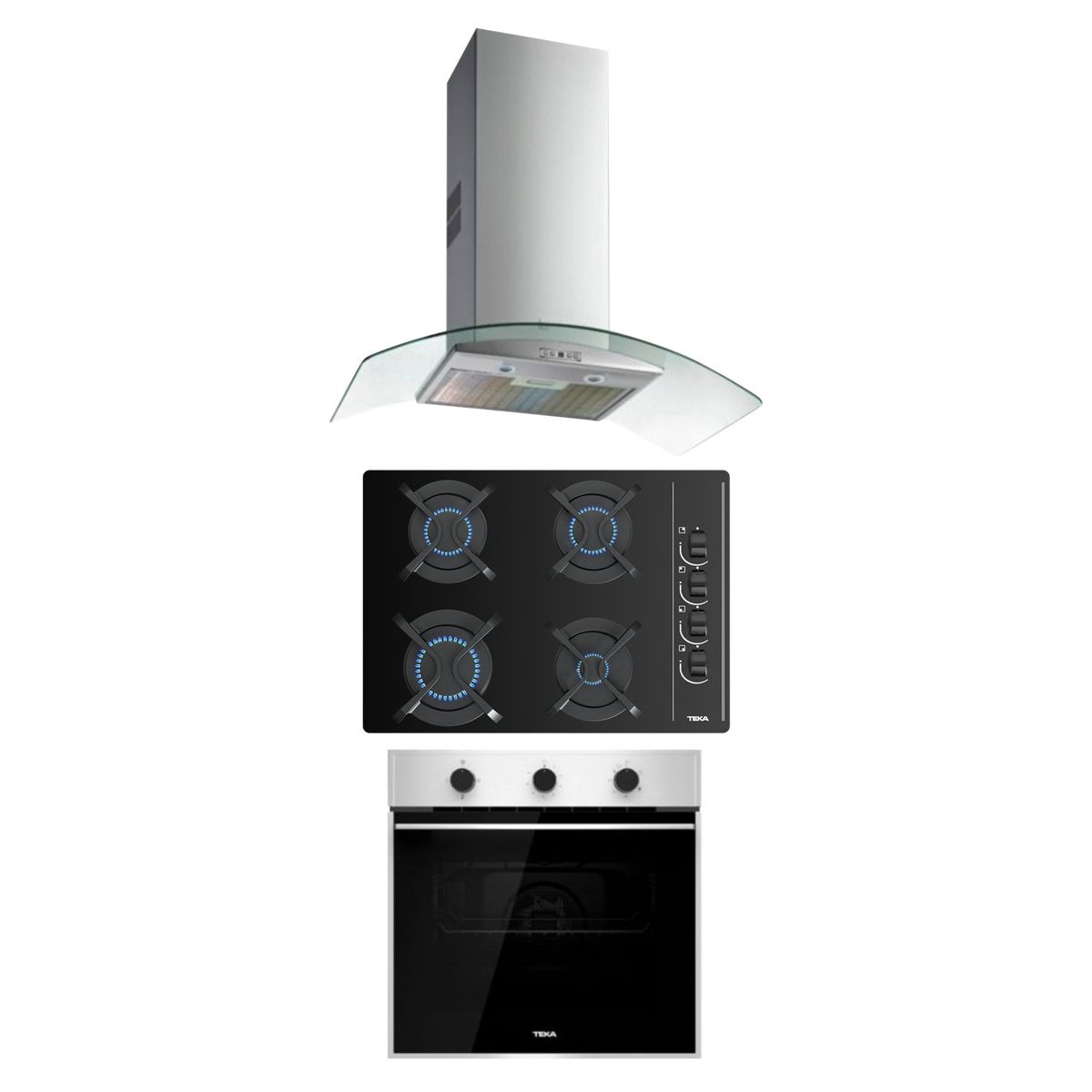 TEKA - Tricombo Teka Cocina Empotrable 4 Hornillas GBC 64003 + Campana Decorativa 90cm NC 980 + Horno a Gas 60 Lt HSB 740