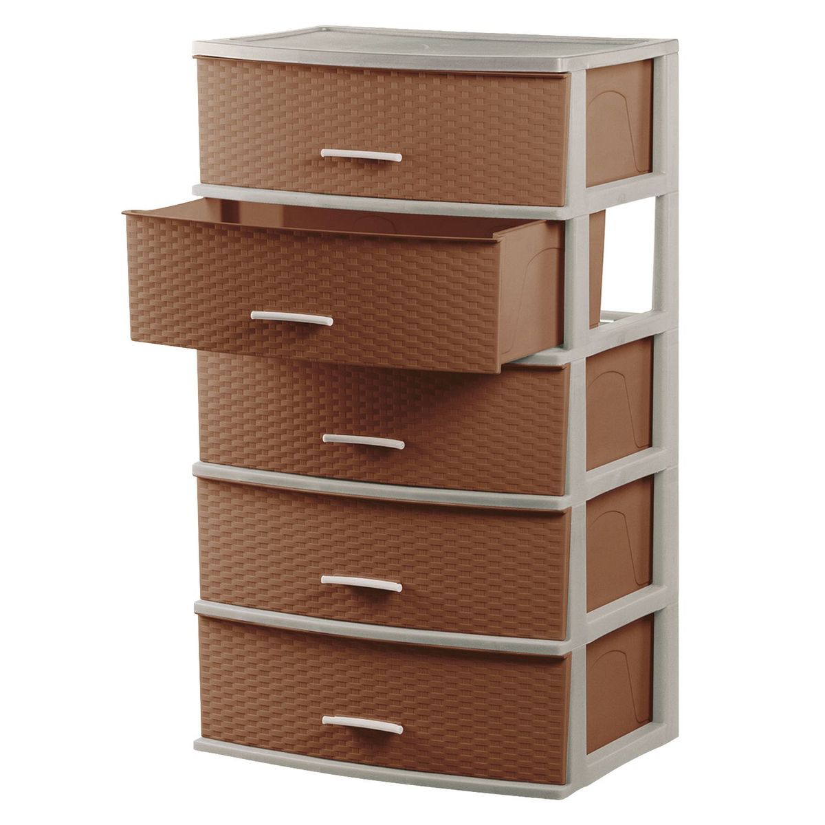 POLINPLAST - Cómoda Happy Mimbre Ratan 5 Cajones Beige y Cerezo