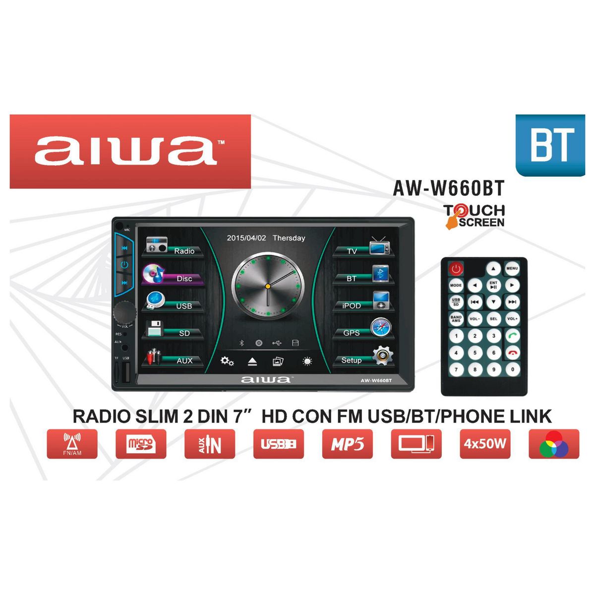 AIWA - Autoradio Aiwa AW-W660BT con Pantalla LCD 7" Negro