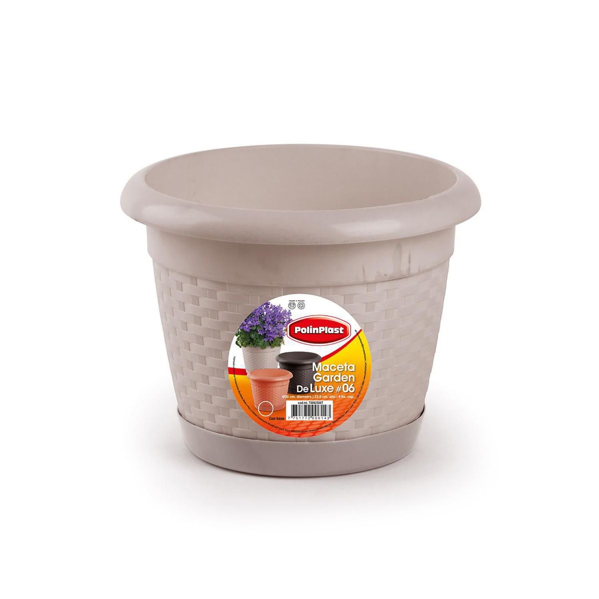 POLINPLAST - Maceta Garden Deluxe #6 con Base Color Beige 30x23.5x