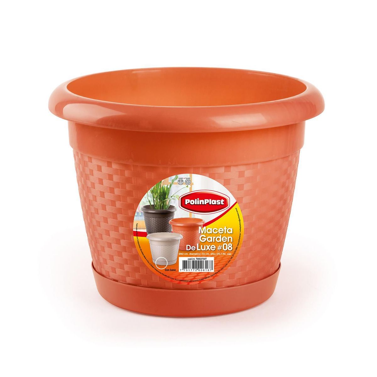 POLINPLAST - Maceta Garden Deluxe #8 con Base Color Cerezo 42x33x