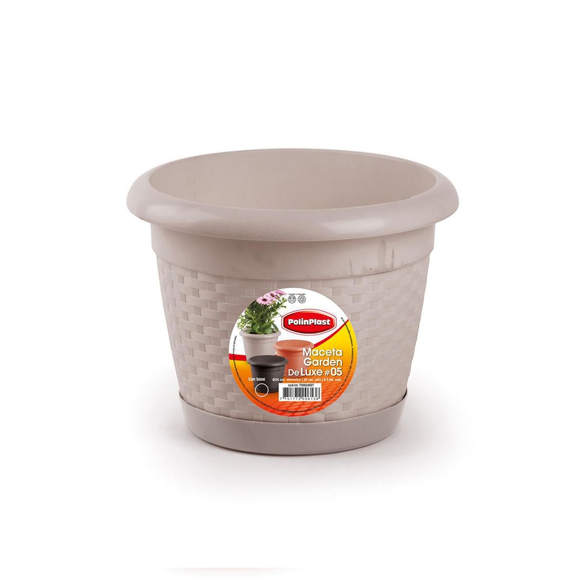 POLINPLAST - Maceta Garden Deluxe #5 con Base Color Beige 25x20x