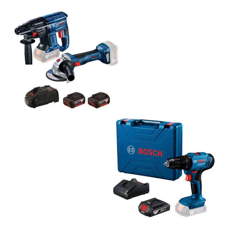 BOSCH - Amoladora Inalámbrica 18V Bosch GWS 180-LI + Rotomartillo Inalámbrico 18V Bosch GBH 180-LI Brushless + 2 Baterías + Maletín de Plástico + Taladro percutor atornillador 18V Bosch GSB 183-LI + 2 Batería + Maletín de plástico