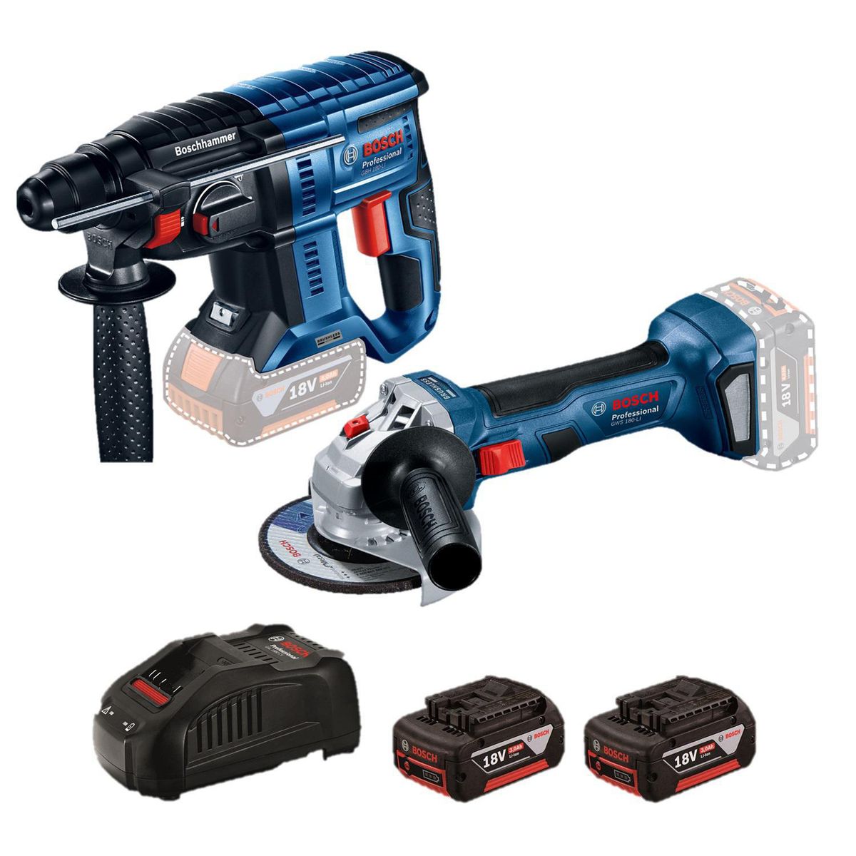 BOSCH - Amoladora Inalámbrica 18V Bosch GWS 180-LI + Rotomartillo Inalámbrico 18V Bosch GBH 180-LI Brushless + 2 Baterías + Maletín de Plástico