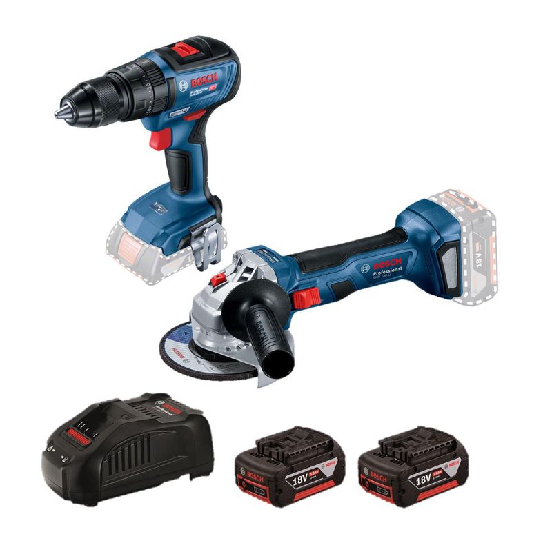 BOSCH - Amoladora Inalámbrica 18V Bosch GWS 180-LI + Taladro Percutor 18V Bosch GSB 18V-50 Brushless + 2 Baterías + Maletín de Plástico