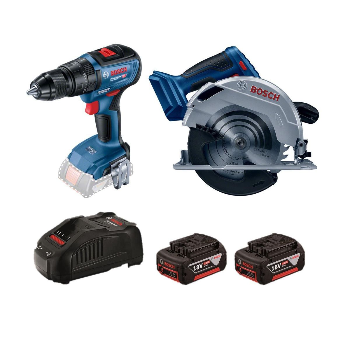 BOSCH - Taladro Atornillador percutor Bosch GSB 18V-50 + Sierra Circular inalámbrica 18V Bosch GKS 185-LI + Disco