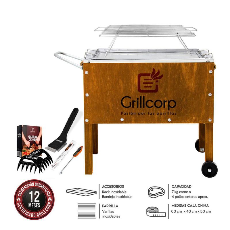GRILLCORP - Caja China Grillcorp Junior 60x50x40cm  Premium + Parrilla Varillas Inoxidables + Brush + TP01 + Garras de Oso