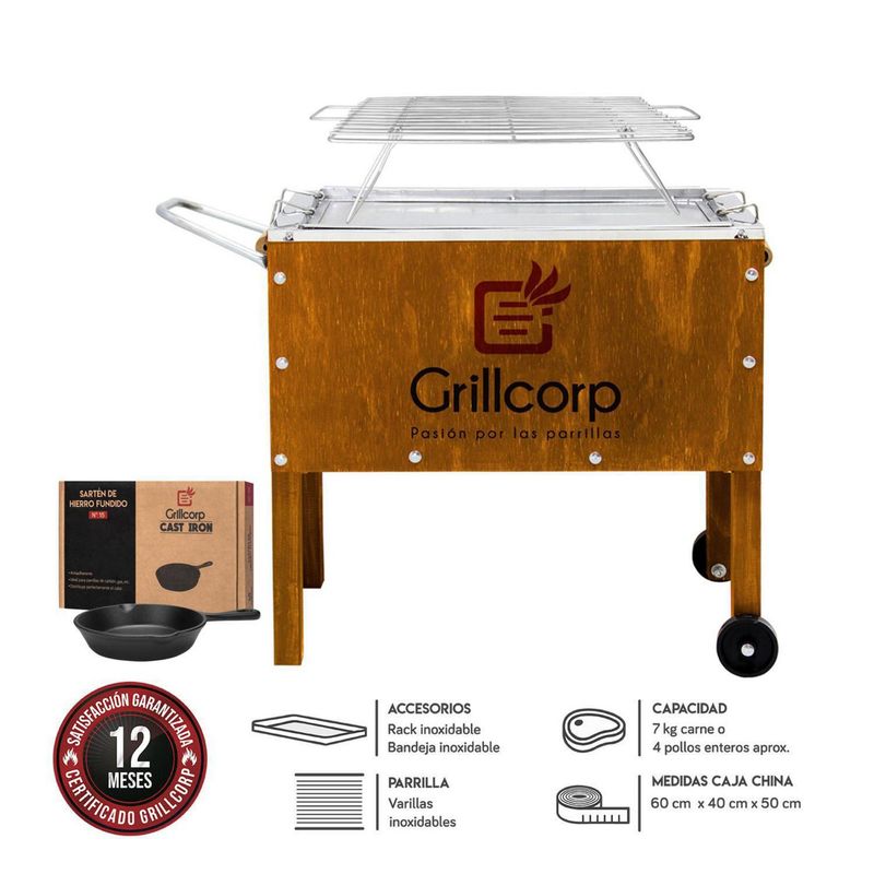 GRILLCORP - Caja China Grillcorp Junior 60x50x40cm Premium + Parrilla Varillas Inoxidables + Sartén N15