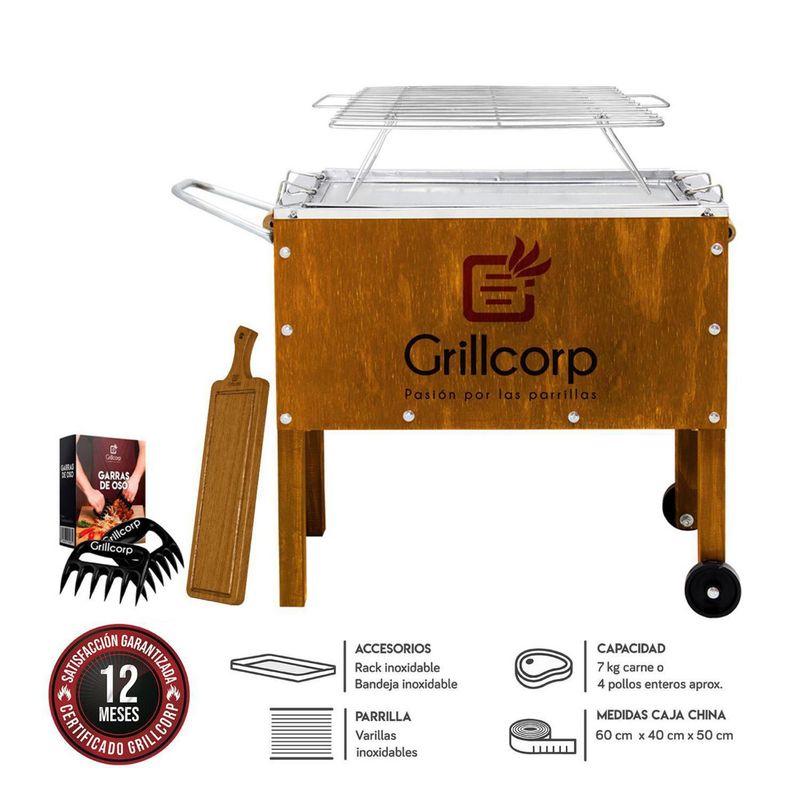 GRILLCORP - Caja China Grillcorp Junior 60x50x40cm Premium + Parrilla Varillas Inoxidables + Tabla Quesera Mediana + Garras de Oso