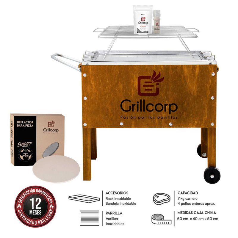 GRILLCORP - Caja China Grillcorp Junior Premium + Parrilla Varillas Inoxidables + Piedra Pizza + Pack Sal