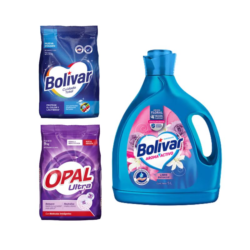  - Detergente En Polvo Cuidado Total 9Kg Bolivar + Detergente En Polvo Ultra 9Kg Opal + Suavizante Bolivar Floral 5 Litros