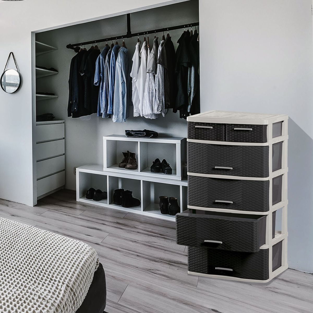 POLINPLAST - Cómoda Comodina Ratán 5 Cajones Beige Marrón