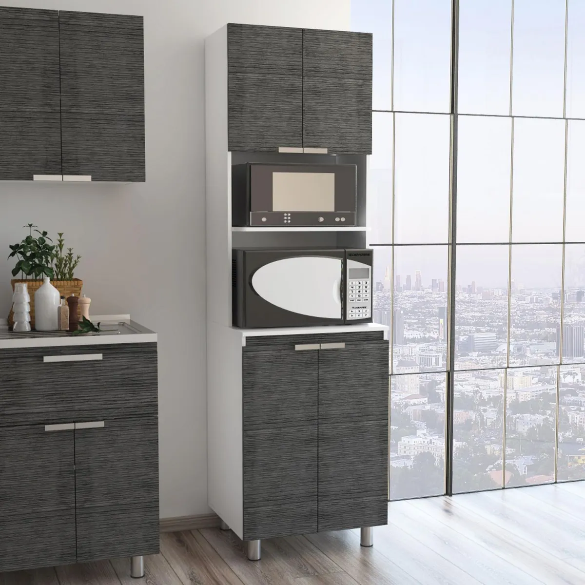 TUHOME - Mueble Microondas Fendi Roble Gris Blanco