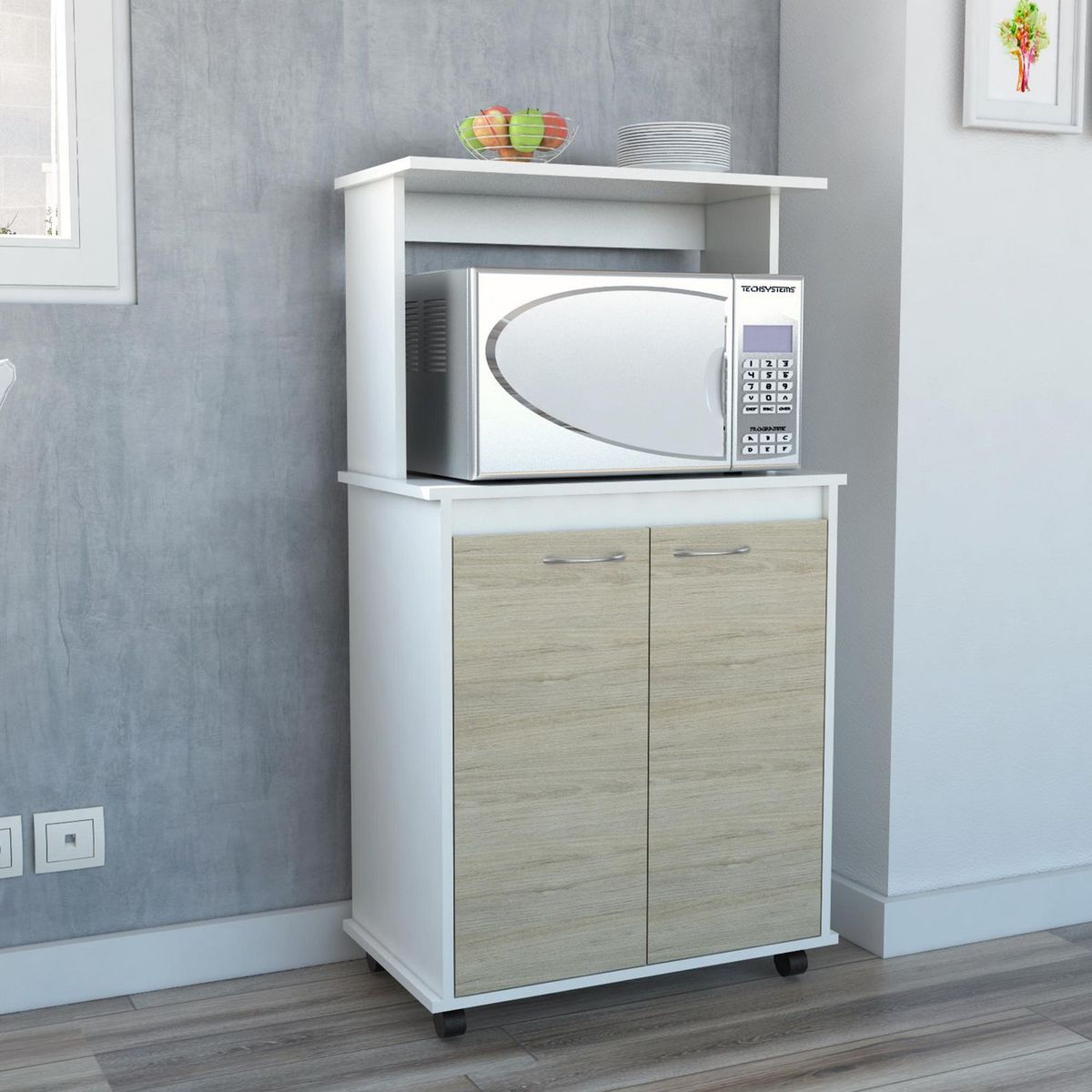 TUHOME - Mueble Bajo Microondas Con Ruedas Kitchen Blanco Rovere