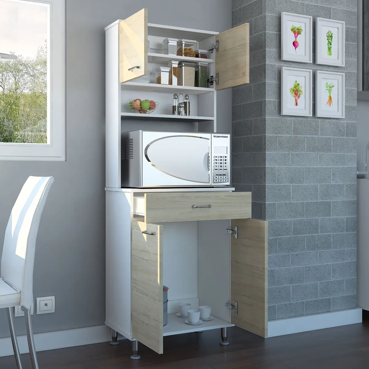 TUHOME - Mueble Microondas Alto Kitchen Blanco Rovere