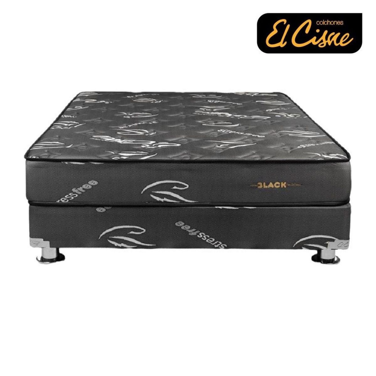 EL CISNE - Cama El Cisne Pocket Black 2 Plazas + Colchón + 2 Almohadas